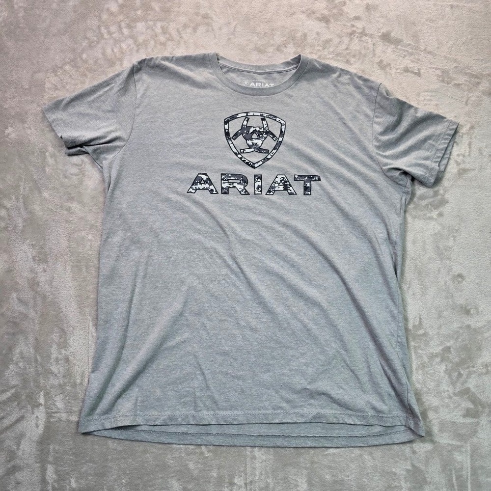 Ariat Mens XXL Gray Short Sleeve Digital Camo Logo Graphic T-Shirt Crew Neck